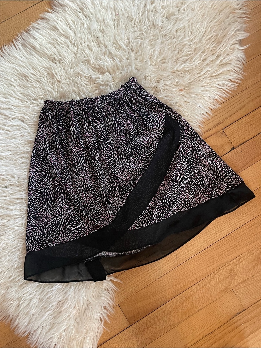 Black Layered Midi Skirt with Pink Burst Print